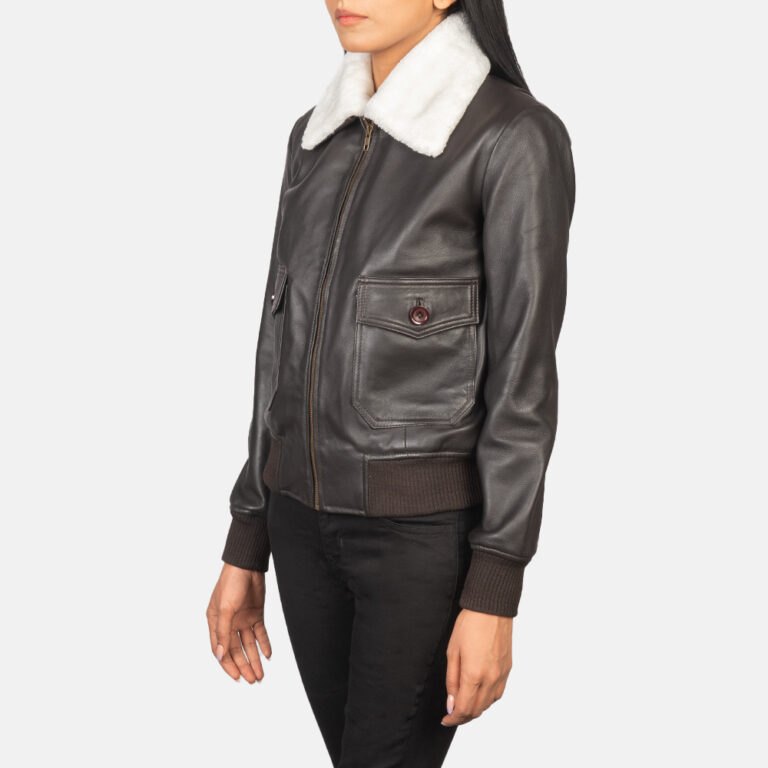 Womens Stella G-1 Brown Leather Bomber Jacket Side Pose-3-1652194490944